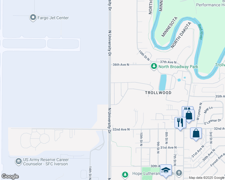 map of restaurants, bars, coffee shops, grocery stores, and more near 3400-3598 North University Drive in Fargo