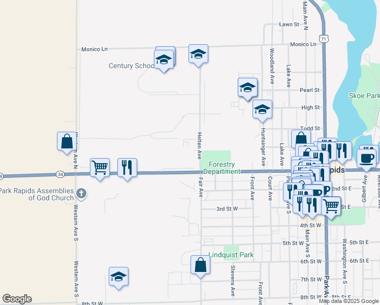 map of restaurants, bars, coffee shops, grocery stores, and more near 105 Helten Avenue in Park Rapids
