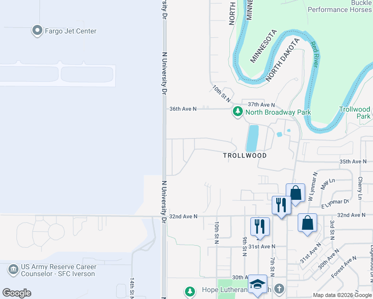 map of restaurants, bars, coffee shops, grocery stores, and more near 3400-3598 Rainier Rue St in Fargo