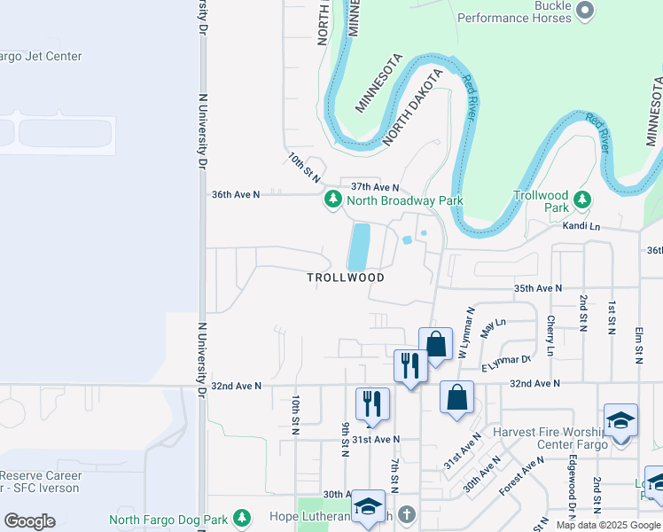 map of restaurants, bars, coffee shops, grocery stores, and more near 900 Keno Street in Fargo