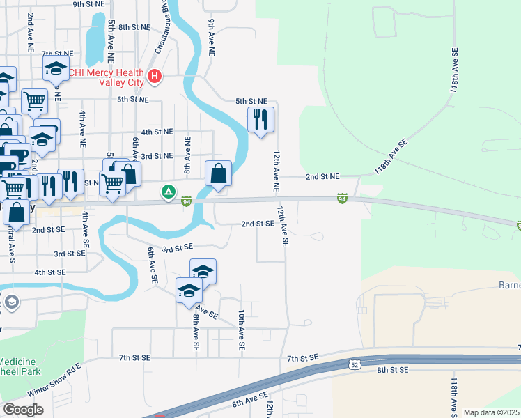 map of restaurants, bars, coffee shops, grocery stores, and more near 1195 Main Street East in Valley City