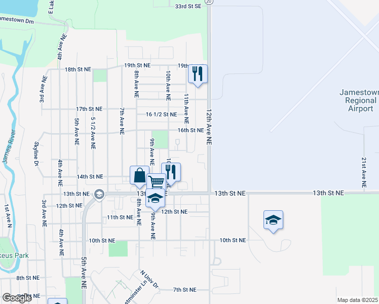 map of restaurants, bars, coffee shops, grocery stores, and more near 1500 11th Avenue Northeast in Jamestown