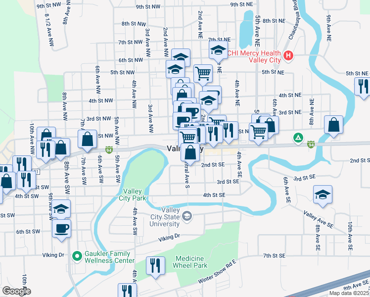 map of restaurants, bars, coffee shops, grocery stores, and more near 104 Main Street East in Valley City
