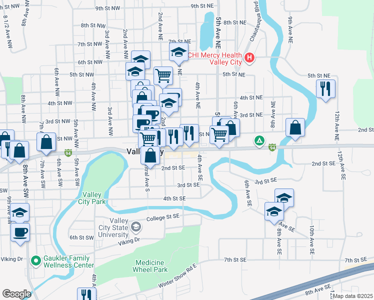 map of restaurants, bars, coffee shops, grocery stores, and more near 322 Main Street East in Valley City