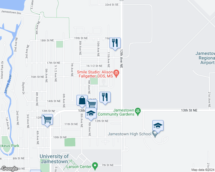 map of restaurants, bars, coffee shops, grocery stores, and more near 1500 11th Avenue Northeast in Jamestown