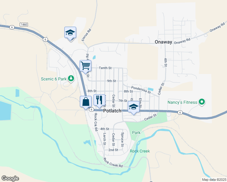 map of restaurants, bars, coffee shops, grocery stores, and more near Cedar Street in Potlatch