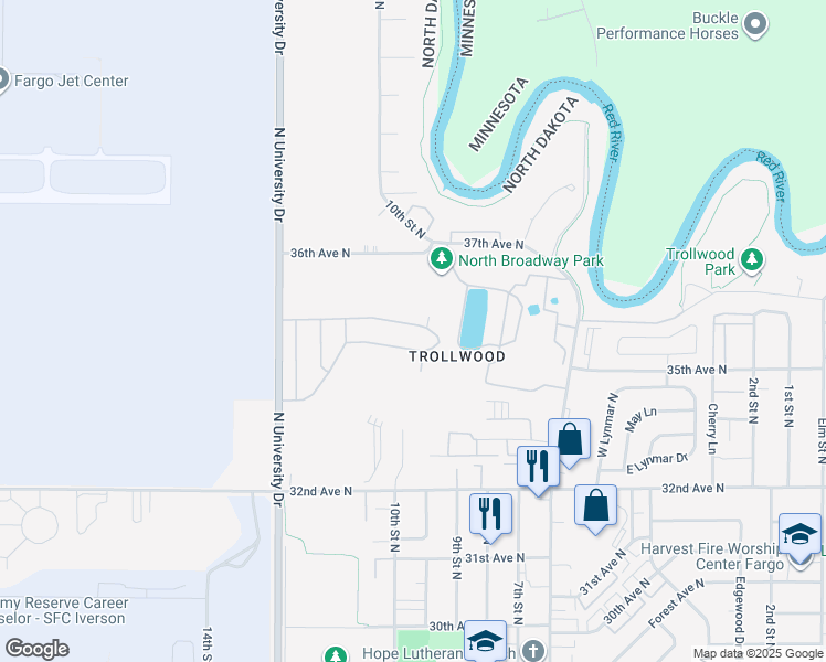 map of restaurants, bars, coffee shops, grocery stores, and more near 900-936 Keno Street in Fargo