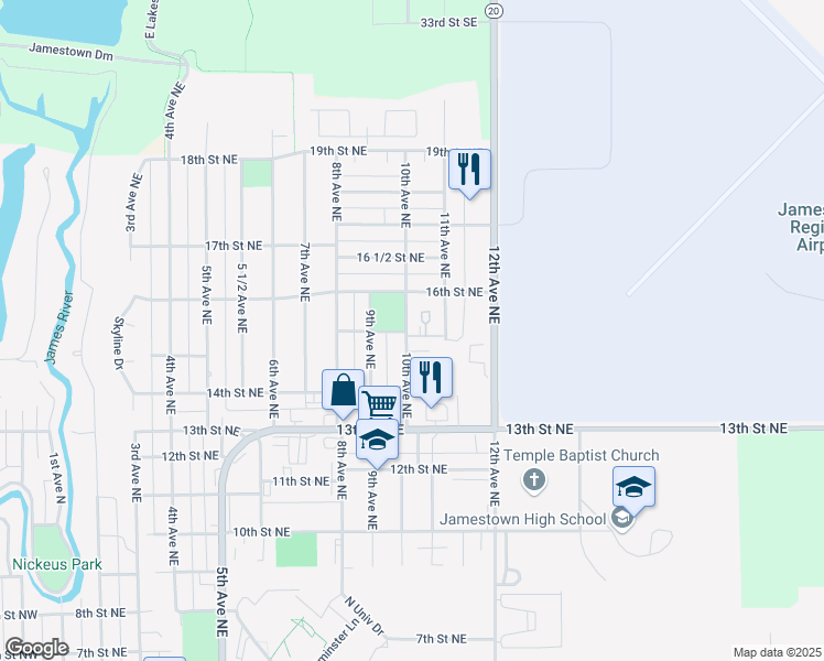 map of restaurants, bars, coffee shops, grocery stores, and more near 1423 10th Avenue Northeast in Jamestown