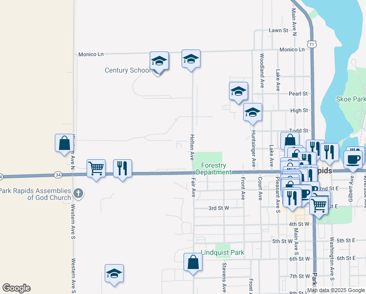 map of restaurants, bars, coffee shops, grocery stores, and more near 105 Helten Avenue in Park Rapids