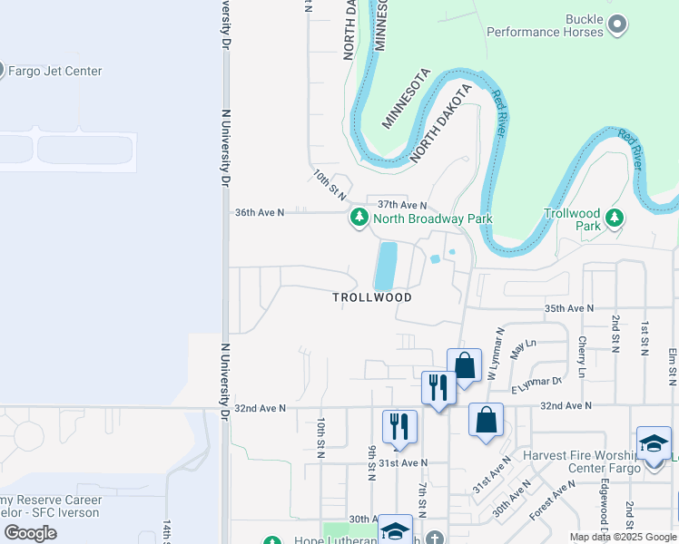 map of restaurants, bars, coffee shops, grocery stores, and more near 901 Gibraltor Avenue in Fargo