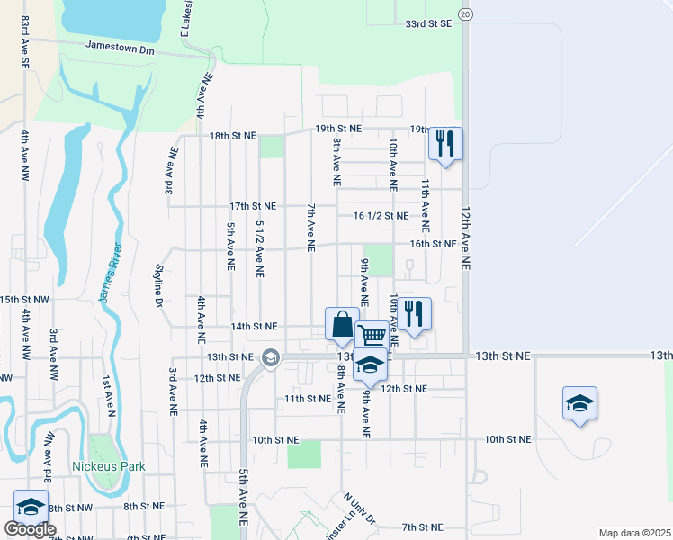 map of restaurants, bars, coffee shops, grocery stores, and more near 1513 8th Avenue Northeast in Jamestown