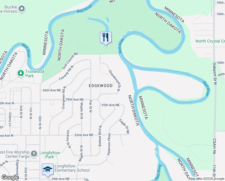 map of restaurants, bars, coffee shops, grocery stores, and more near 134 35th Avenue Northeast in Fargo