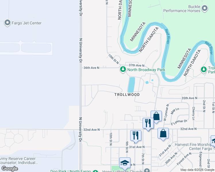 map of restaurants, bars, coffee shops, grocery stores, and more near 938-1098 Monte Carlo Dr in Fargo