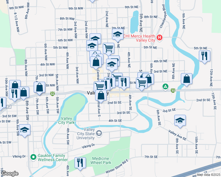 map of restaurants, bars, coffee shops, grocery stores, and more near in Valley City