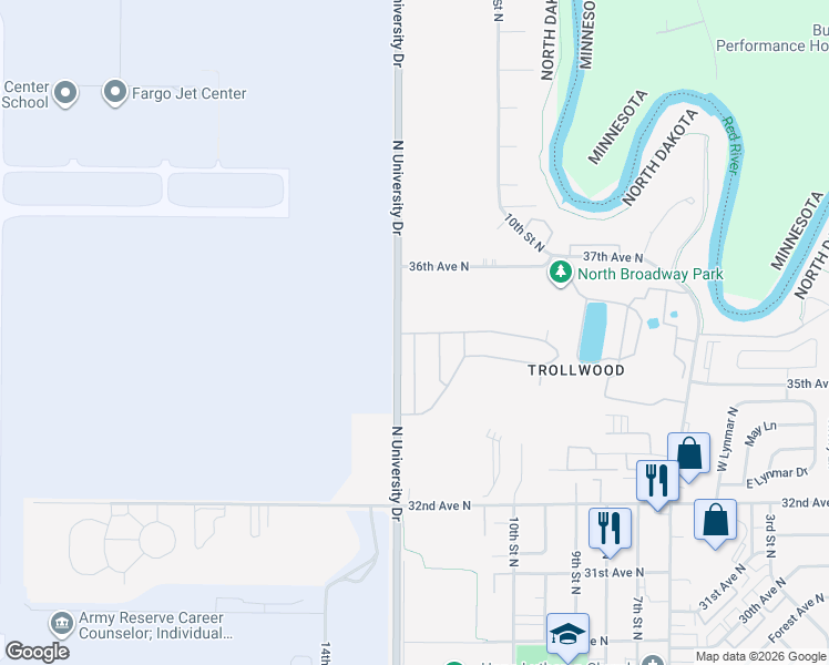map of restaurants, bars, coffee shops, grocery stores, and more near 1243 Gibraltor Avenue in Fargo