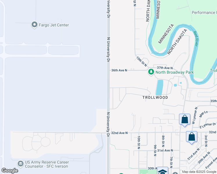 map of restaurants, bars, coffee shops, grocery stores, and more near 3601 North University Drive in Fargo