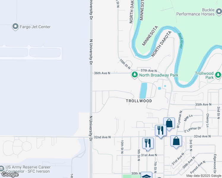 map of restaurants, bars, coffee shops, grocery stores, and more near 901-1099 Gibraltor Avenue in Fargo