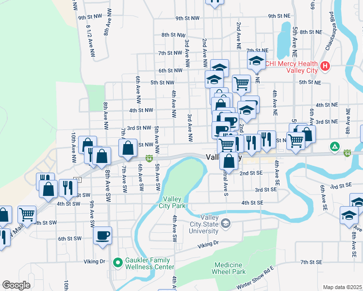 map of restaurants, bars, coffee shops, grocery stores, and more near 350 2nd Avenue Northwest in Valley City