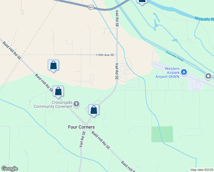 map of restaurants, bars, coffee shops, grocery stores, and more near 11125 Vail Road Southeast in Yelm
