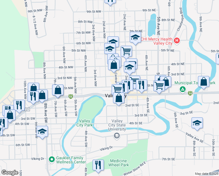 map of restaurants, bars, coffee shops, grocery stores, and more near 167 2nd Street Southwest in Valley City