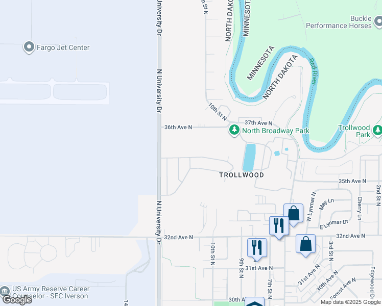 map of restaurants, bars, coffee shops, grocery stores, and more near 901-1099 Gibraltor Avenue in Fargo
