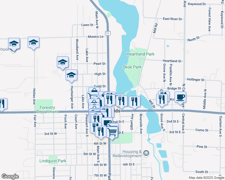 map of restaurants, bars, coffee shops, grocery stores, and more near 214 Park Avenue North in Park Rapids
