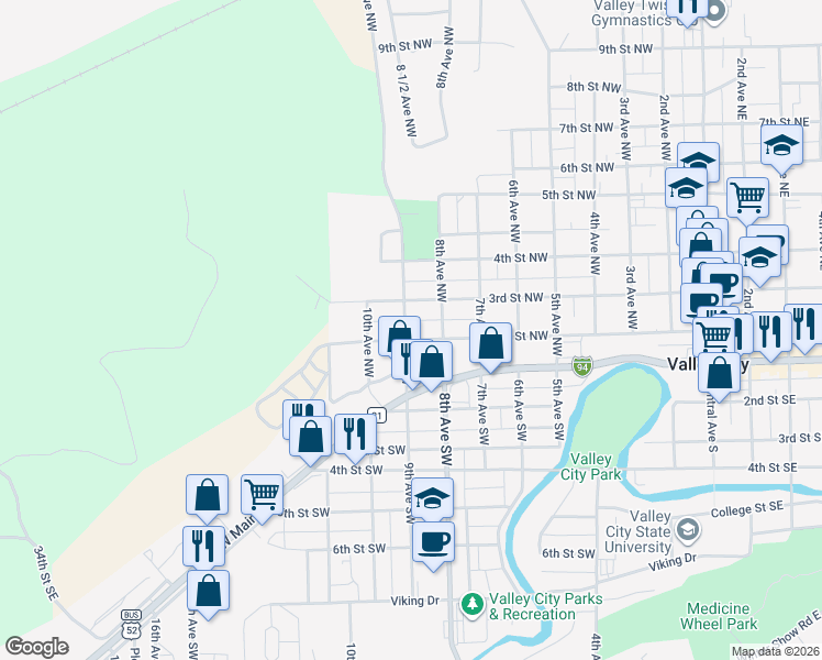 map of restaurants, bars, coffee shops, grocery stores, and more near 248 9th Avenue Northwest in Valley City