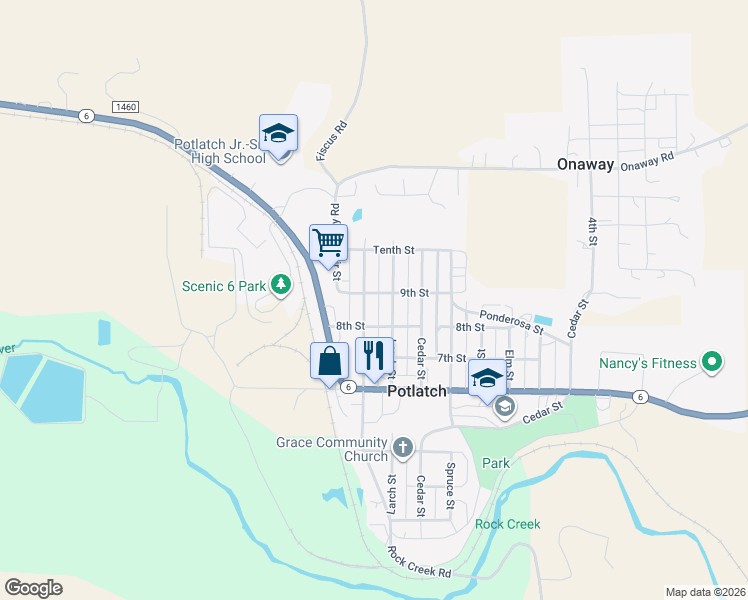 map of restaurants, bars, coffee shops, grocery stores, and more near 910 Larch Street in Potlatch