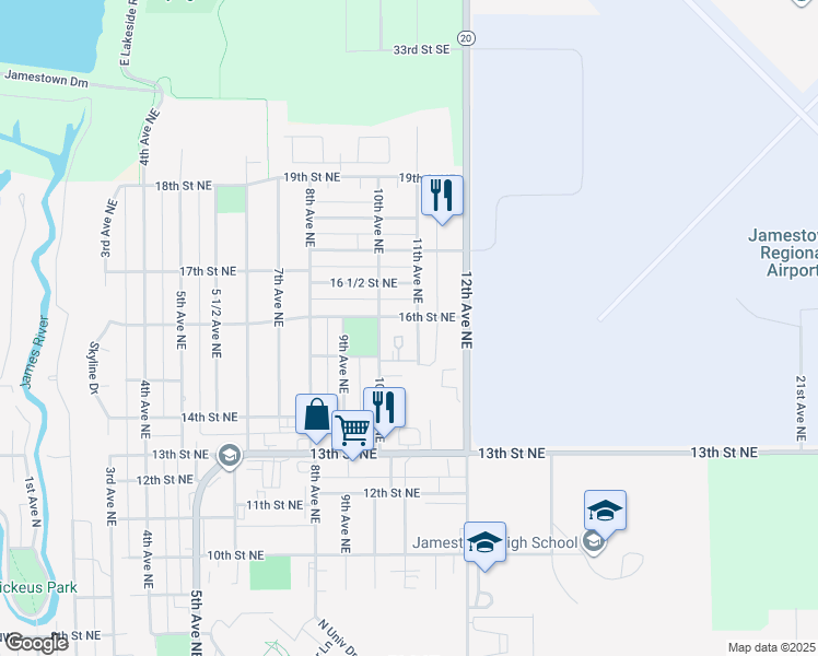 map of restaurants, bars, coffee shops, grocery stores, and more near 1014 16th Street Northeast in Jamestown