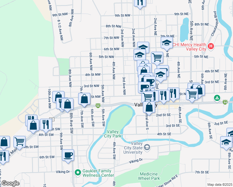 map of restaurants, bars, coffee shops, grocery stores, and more near 350 2nd Avenue Northwest in Valley City