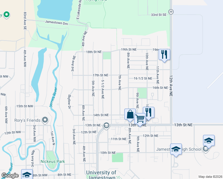map of restaurants, bars, coffee shops, grocery stores, and more near 601 16th Street Northeast in Jamestown