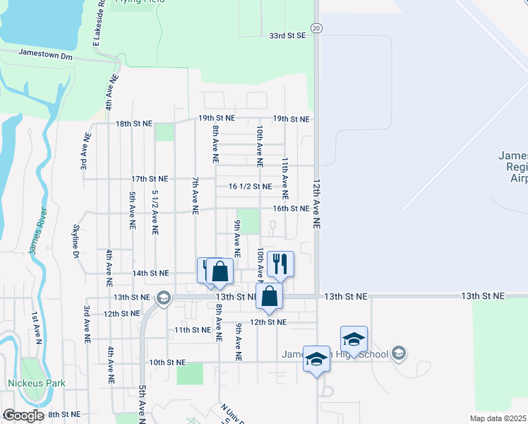 map of restaurants, bars, coffee shops, grocery stores, and more near in Jamestown