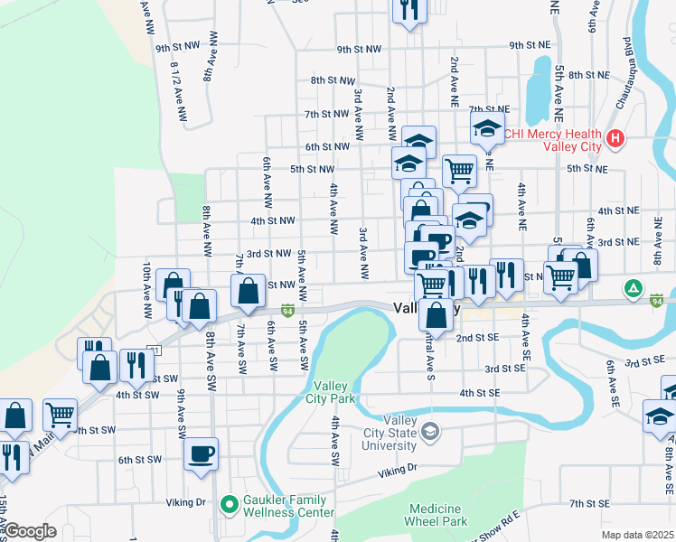 map of restaurants, bars, coffee shops, grocery stores, and more near 350 2nd Avenue Northwest in Valley City