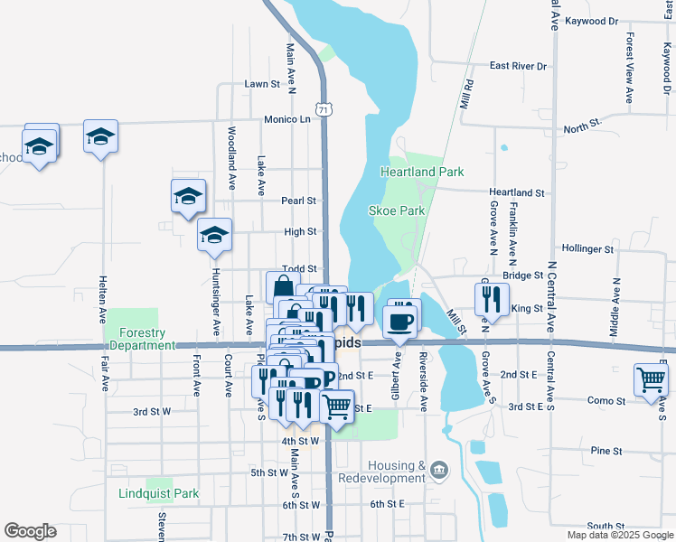 map of restaurants, bars, coffee shops, grocery stores, and more near 214 Park Avenue North in Park Rapids