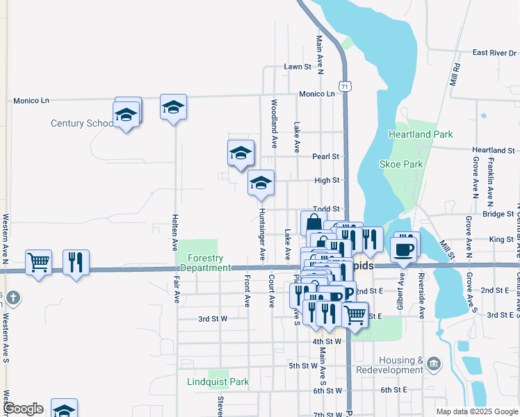 map of restaurants, bars, coffee shops, grocery stores, and more near 301 Huntsinger Avenue in Park Rapids