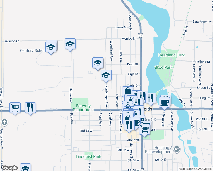 map of restaurants, bars, coffee shops, grocery stores, and more near 301 Huntsinger Avenue in Park Rapids