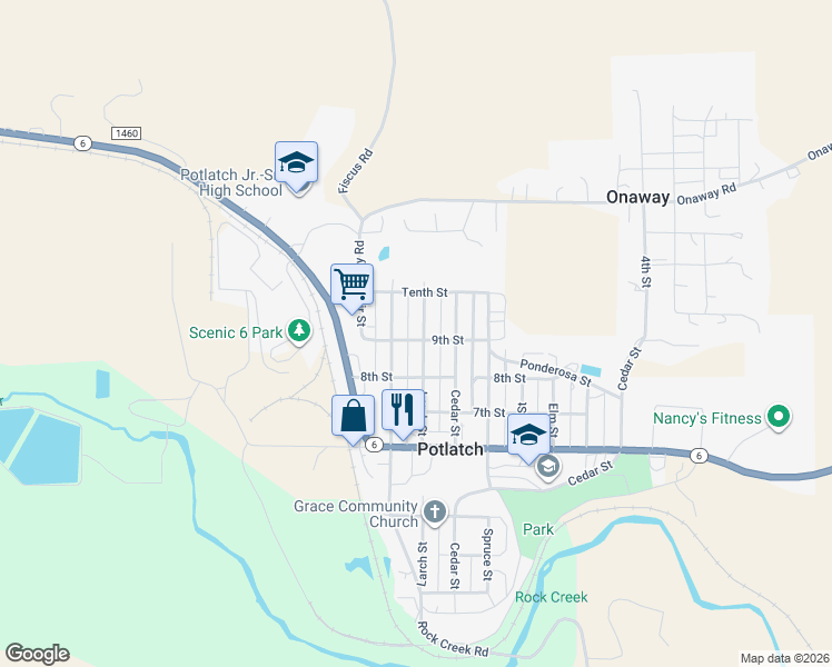 map of restaurants, bars, coffee shops, grocery stores, and more near 910 Larch Street in Potlatch