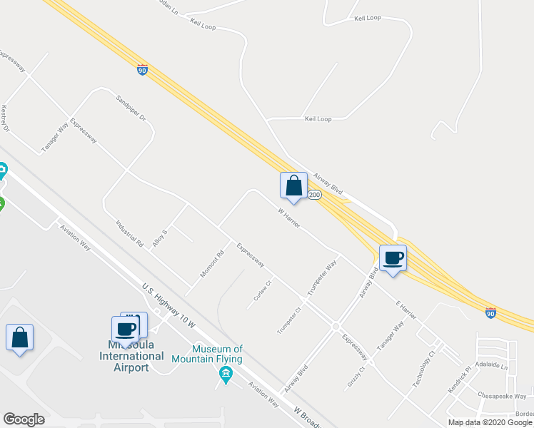 map of restaurants, bars, coffee shops, grocery stores, and more near 5707 West Harrier in Missoula