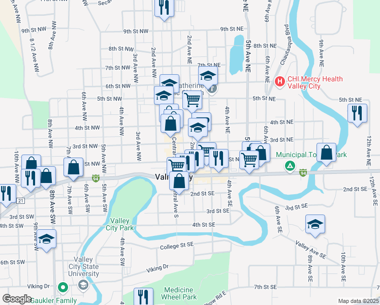 map of restaurants, bars, coffee shops, grocery stores, and more near in Valley City