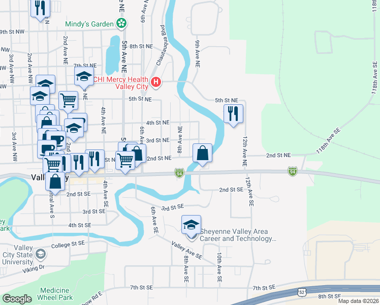 map of restaurants, bars, coffee shops, grocery stores, and more near 899 2nd Street Northeast in Valley City