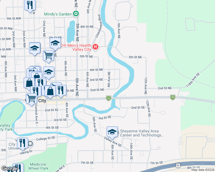 map of restaurants, bars, coffee shops, grocery stores, and more near 801-899 2nd St NE in Valley City