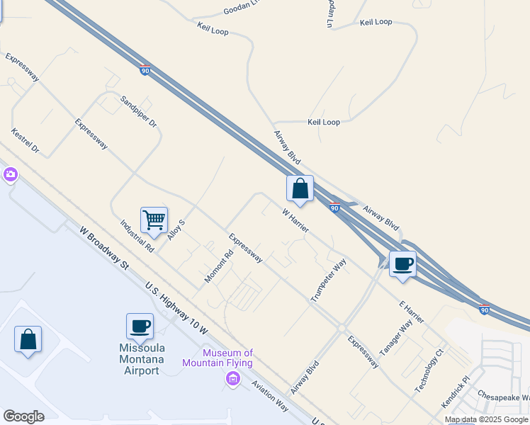 map of restaurants, bars, coffee shops, grocery stores, and more near 5707 West Harrier in Missoula