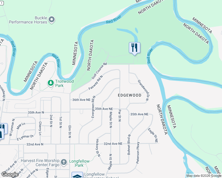 map of restaurants, bars, coffee shops, grocery stores, and more near 3550 Longfellow Road Northeast in Fargo