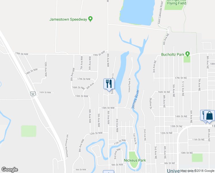 map of restaurants, bars, coffee shops, grocery stores, and more near 1545 4th Avenue Northwest in Jamestown