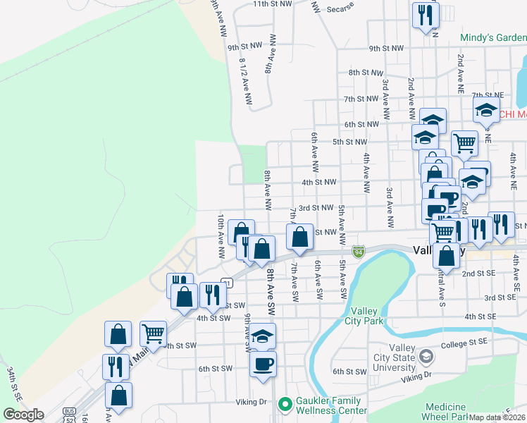 map of restaurants, bars, coffee shops, grocery stores, and more near 248 9th Avenue Northwest in Valley City