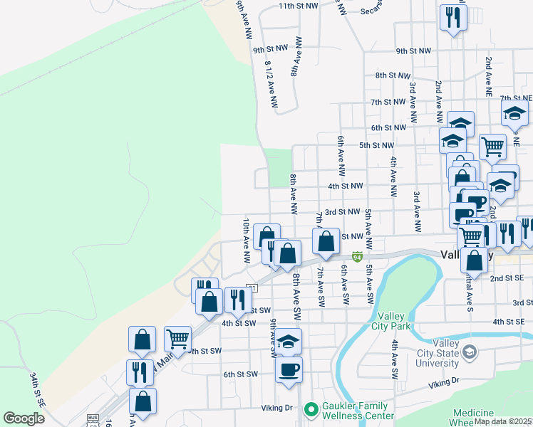 map of restaurants, bars, coffee shops, grocery stores, and more near 248 9th Avenue Northwest in Valley City