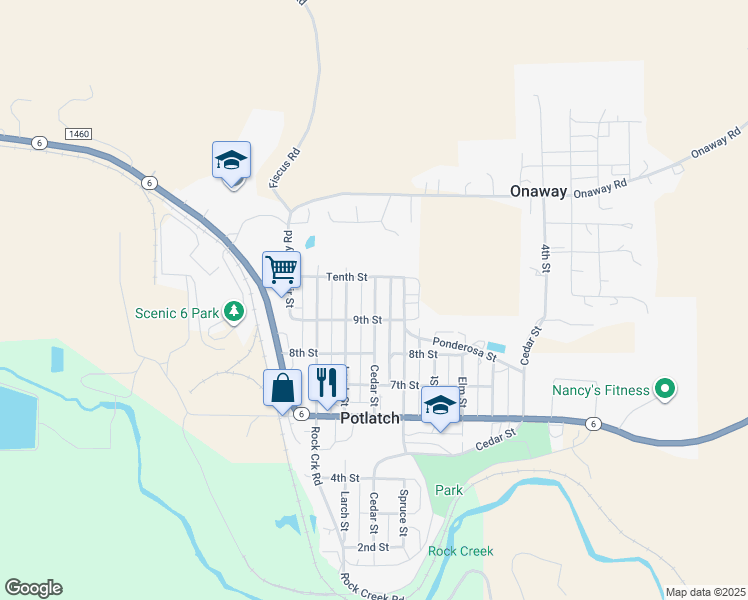 map of restaurants, bars, coffee shops, grocery stores, and more near 940 Cedar Street in Potlatch
