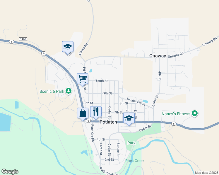 map of restaurants, bars, coffee shops, grocery stores, and more near 940 Cedar Street in Potlatch