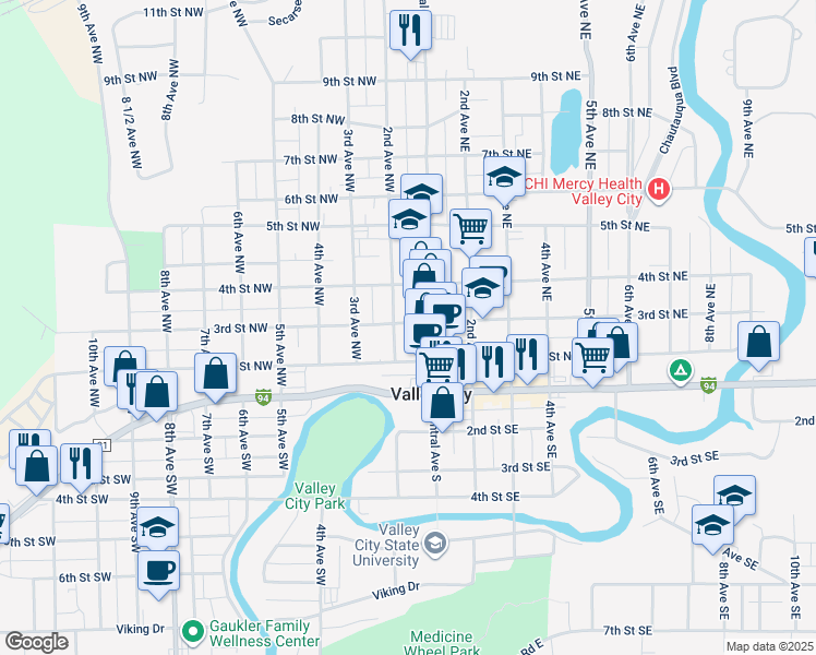 map of restaurants, bars, coffee shops, grocery stores, and more near 139 3rd Street Northwest in Valley City