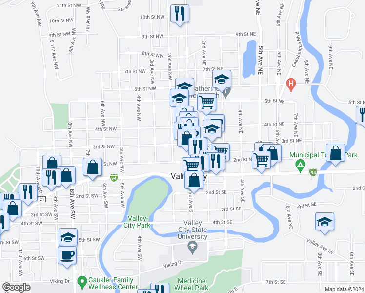 map of restaurants, bars, coffee shops, grocery stores, and more near 167 2nd Street Southwest in Valley City